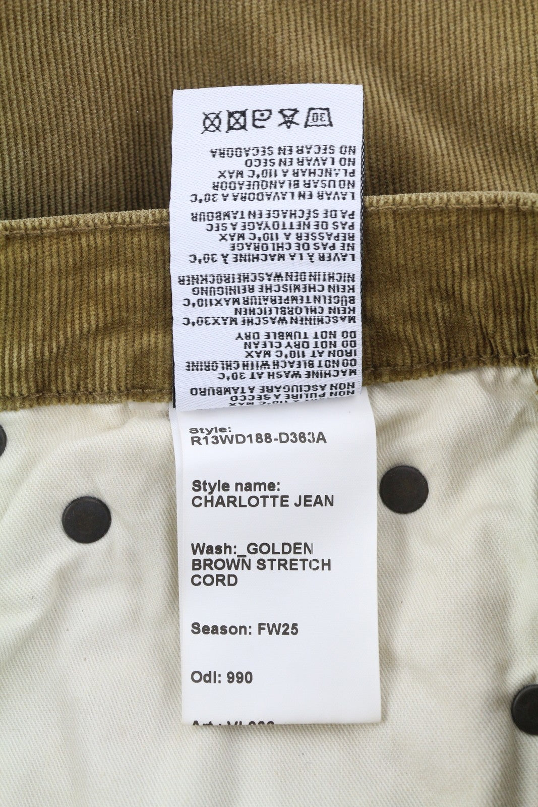 R13 Charlotee Women Trousers 25 Golden Brown Cord FW25 RRP799