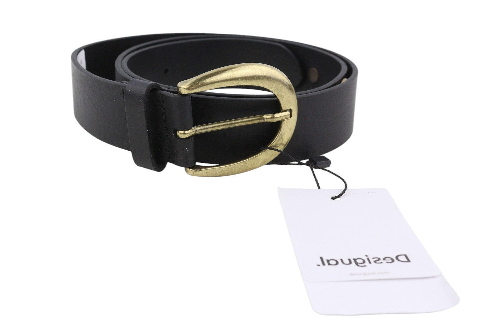 DESIGUAL Big Studs Women Belt 95 CM Black Bonded Leather Gold Tone Buckle
