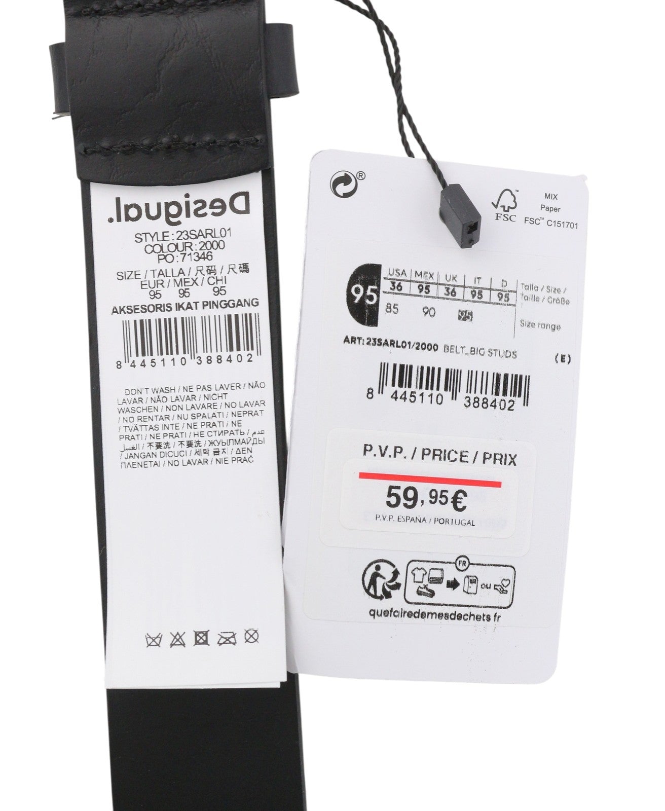 DESIGUAL Big Studs Women Belt 95 CM Black Bonded Leather Gold Tone Buckle