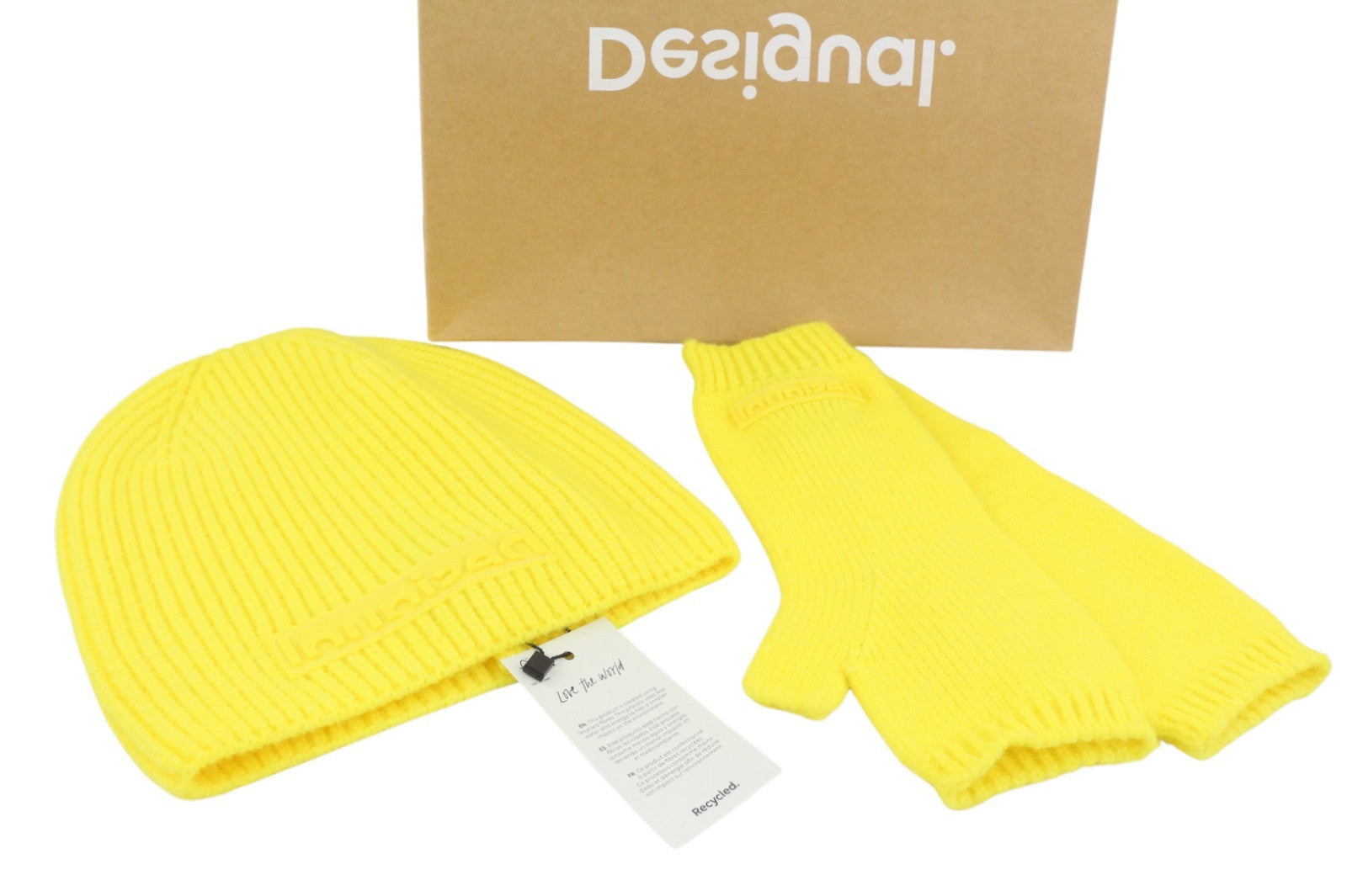 DESIGUAL Pack Gift Box Plain Women Gloves & Hat Set OS Yellow Tight-Knit 2in1
