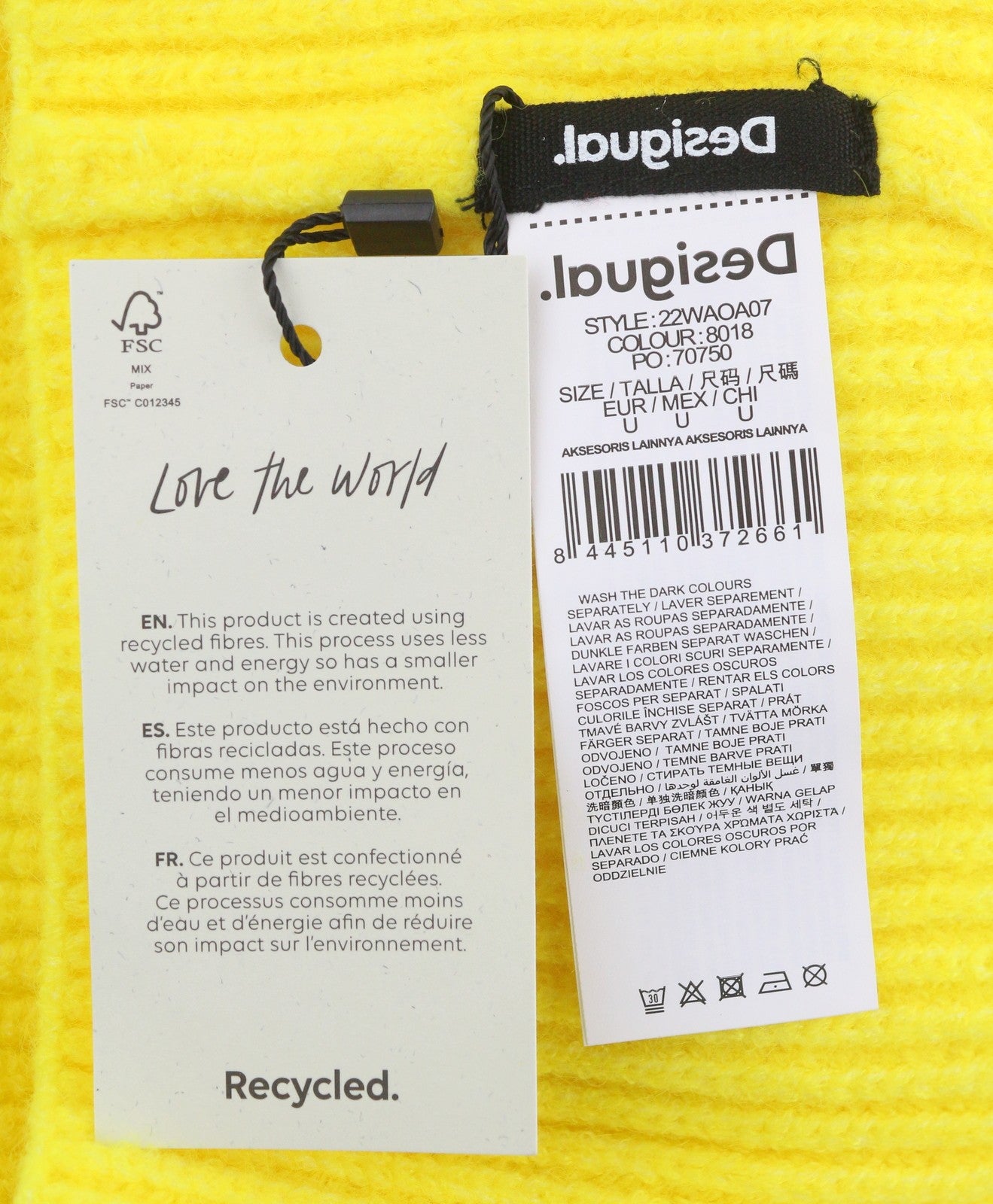 DESIGUAL Pack Gift Box Plain Women Gloves & Hat Set OS Yellow Tight-Knit 2in1