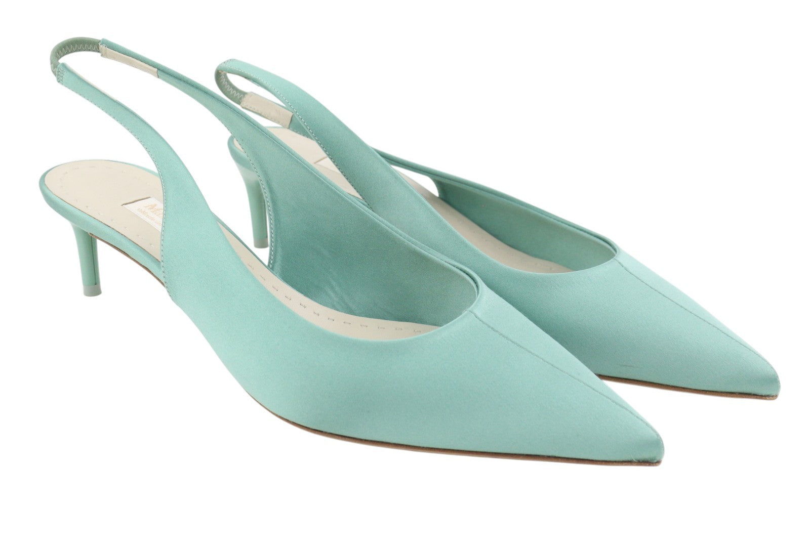 MAX MARA Women Heels EU40 Mint Blue Satin Slingbacks Pointed Toe RRP429