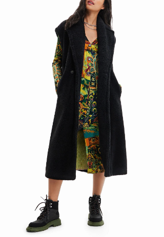 DESIGUAL Abrig Cameron Women Waistcoat M Black Wool Blend Fluffy Double Breasted