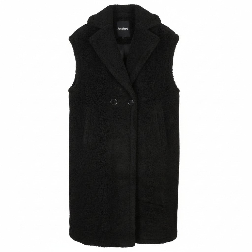 DESIGUAL Abrig Cameron Women Waistcoat M Black Wool Blend Fluffy Double Breasted