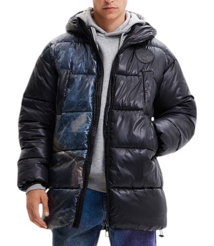 DESIGUAL Chaq Bowie Men Jacket M Black Oversized Quilted Padded Hooded Unisex