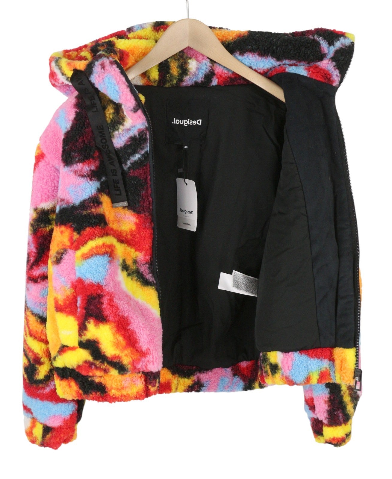 DESIGUAL Chaq Fluor Women Jacket XS Colourful Fluffy Padded Hooded Zip RRP259