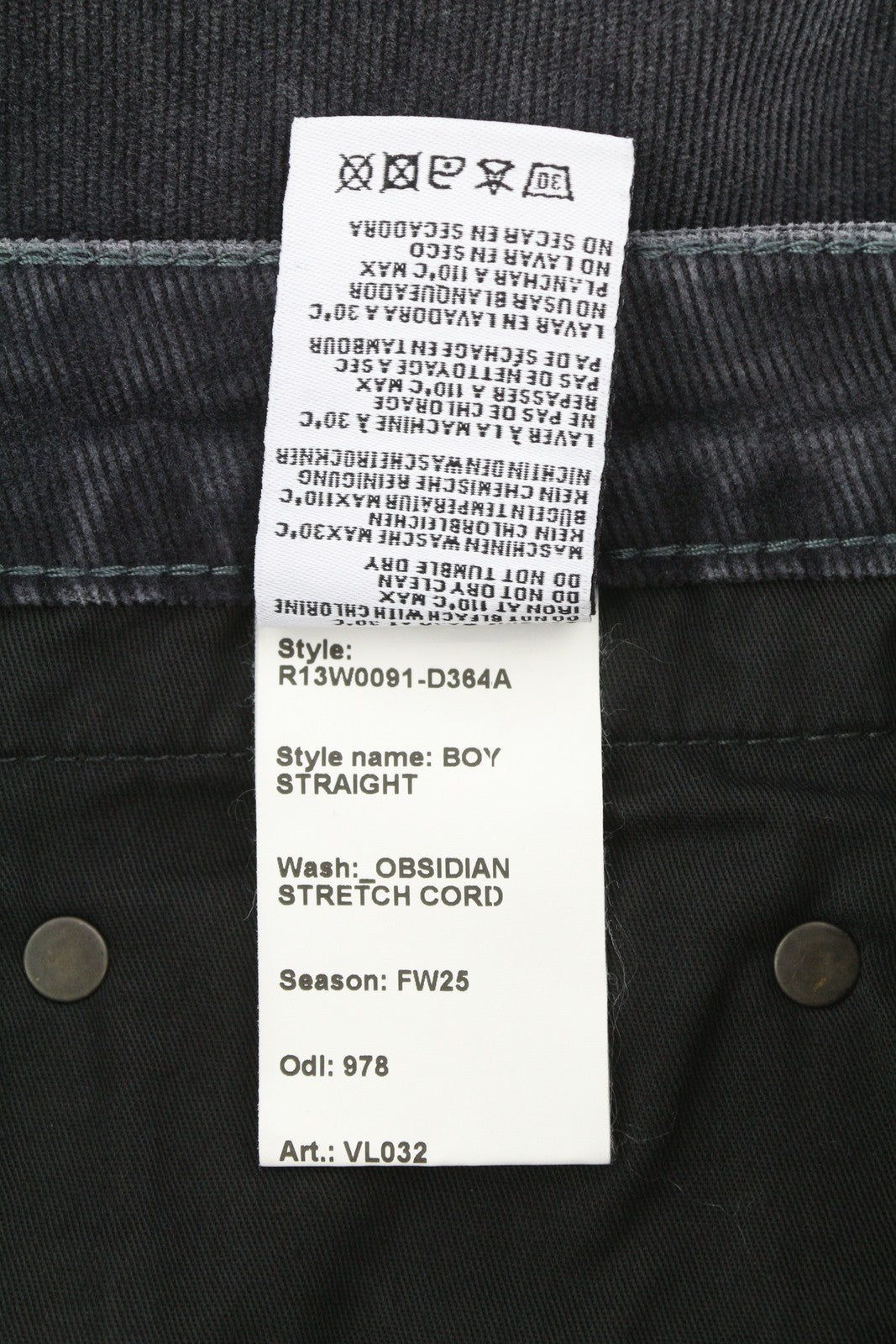 R13 Boy Straight Women Trousers 26 Obsidian Cord FW25