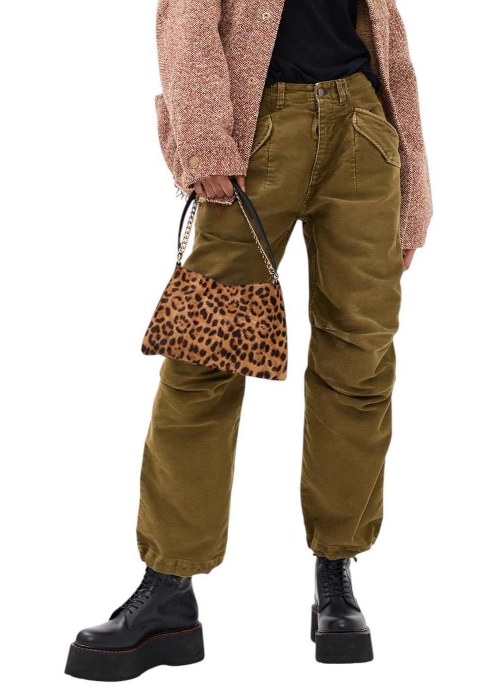 R13 Ankle Military Women Trousers 27 Olive Faded Moleskin Straight FW25 RRP1199