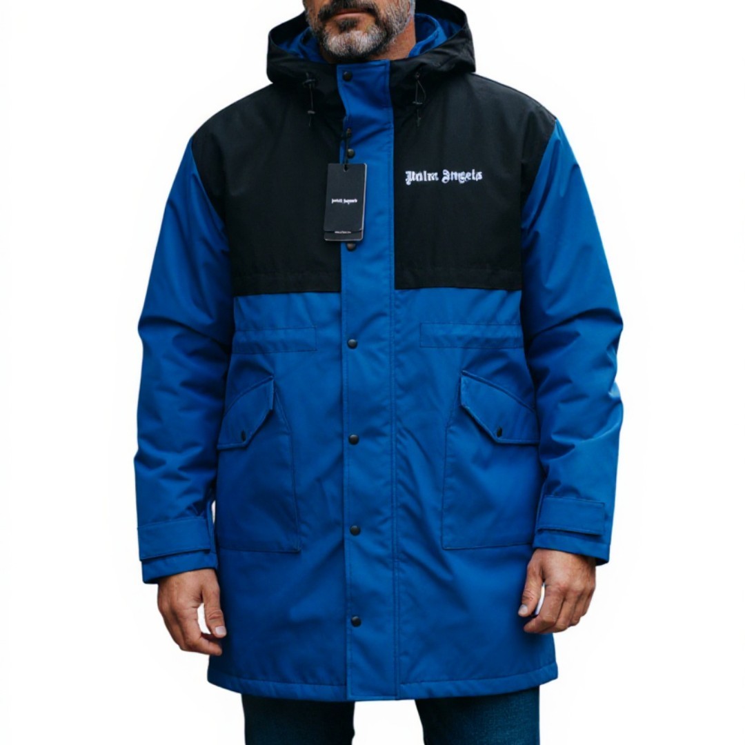 PALM ANGELS Men Jacket S Blue Hooded Overcoat Drawstring Waist Zip RRP1250