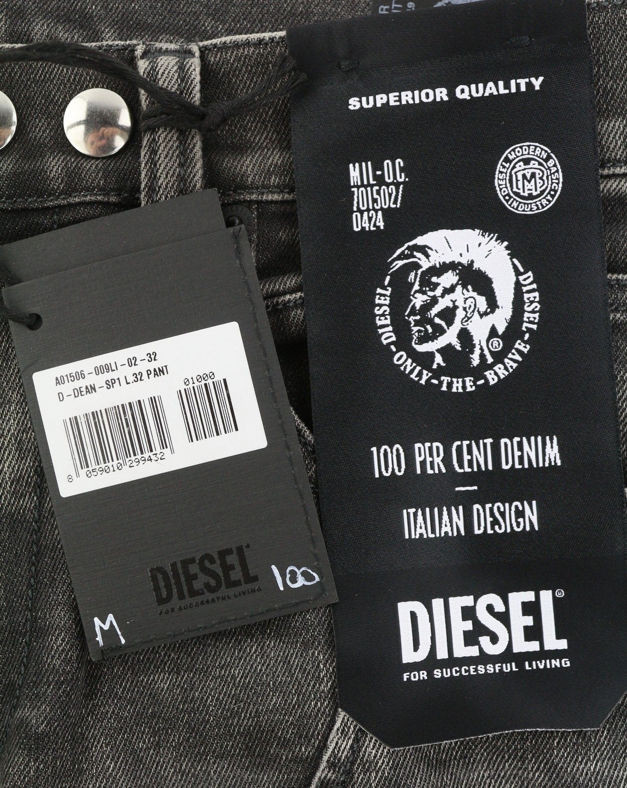 DIESEL D-Dean 009LI Men Jeans W32/L32 Black Faded Slim Stretch Zip Fly