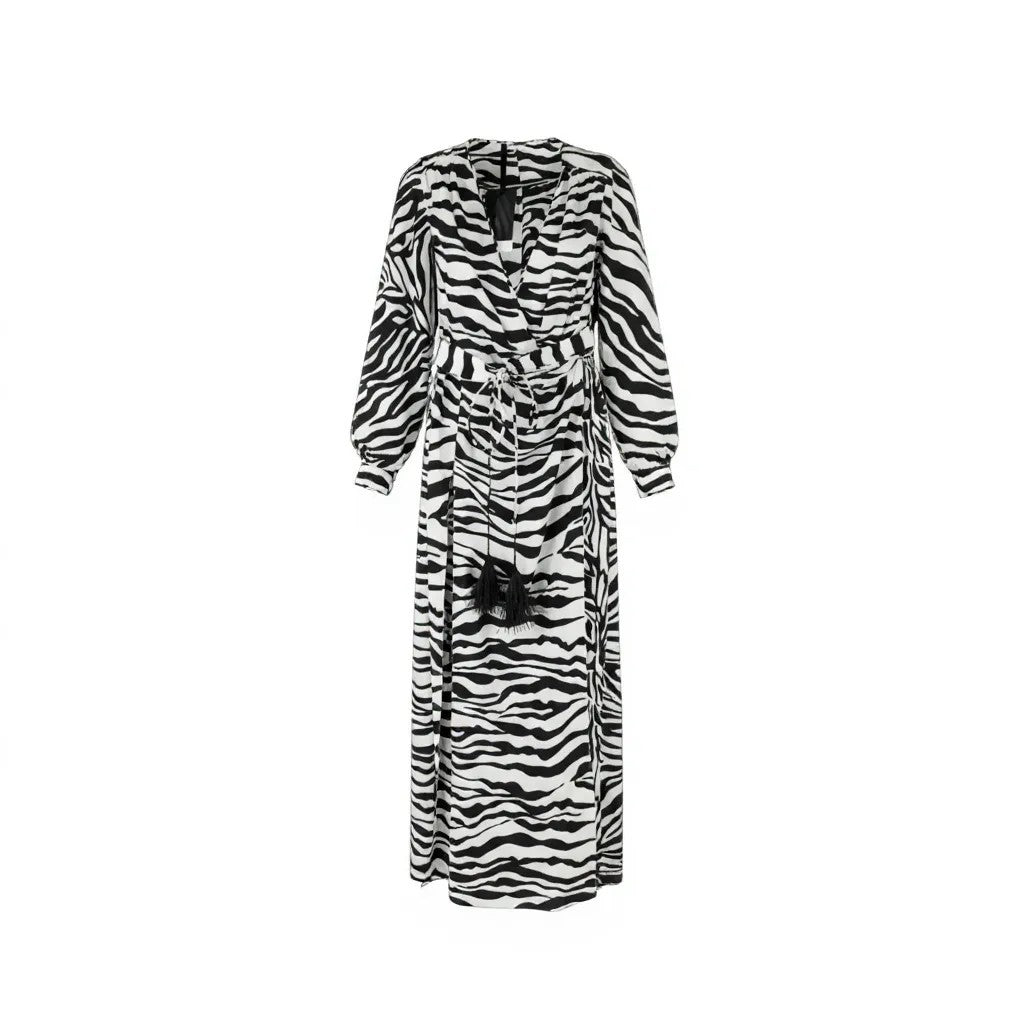 THE ATTICO Women Dress 42 Zebra Print Long Sleeve Belted Wrap Maxi RRP1199