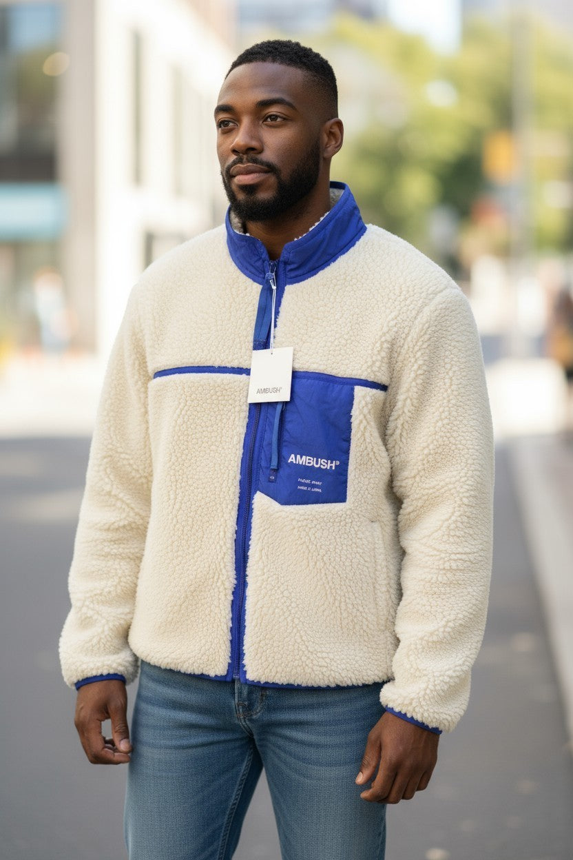 AMBUSH New Fleece Men Jacket S Ivory Faux Fur Fluffy Zip Light RRP710