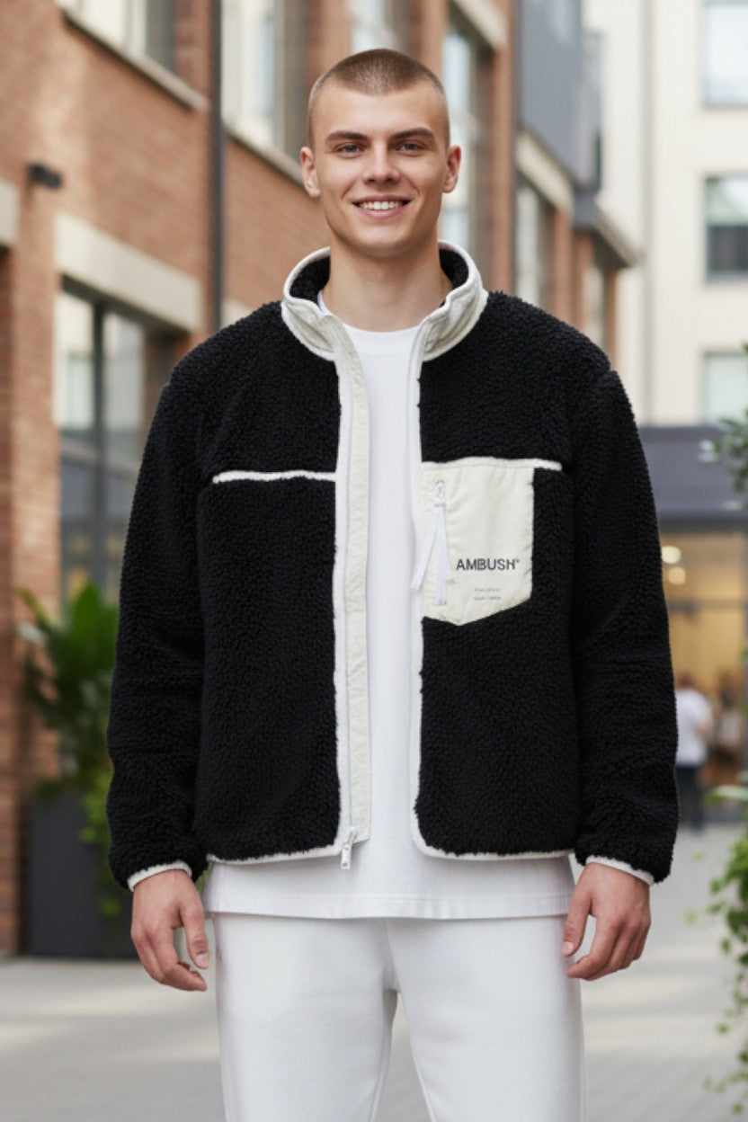 AMBUSH New Fleece Men Jacket M Black Faux Fur Fluffy Zip Light RRP710