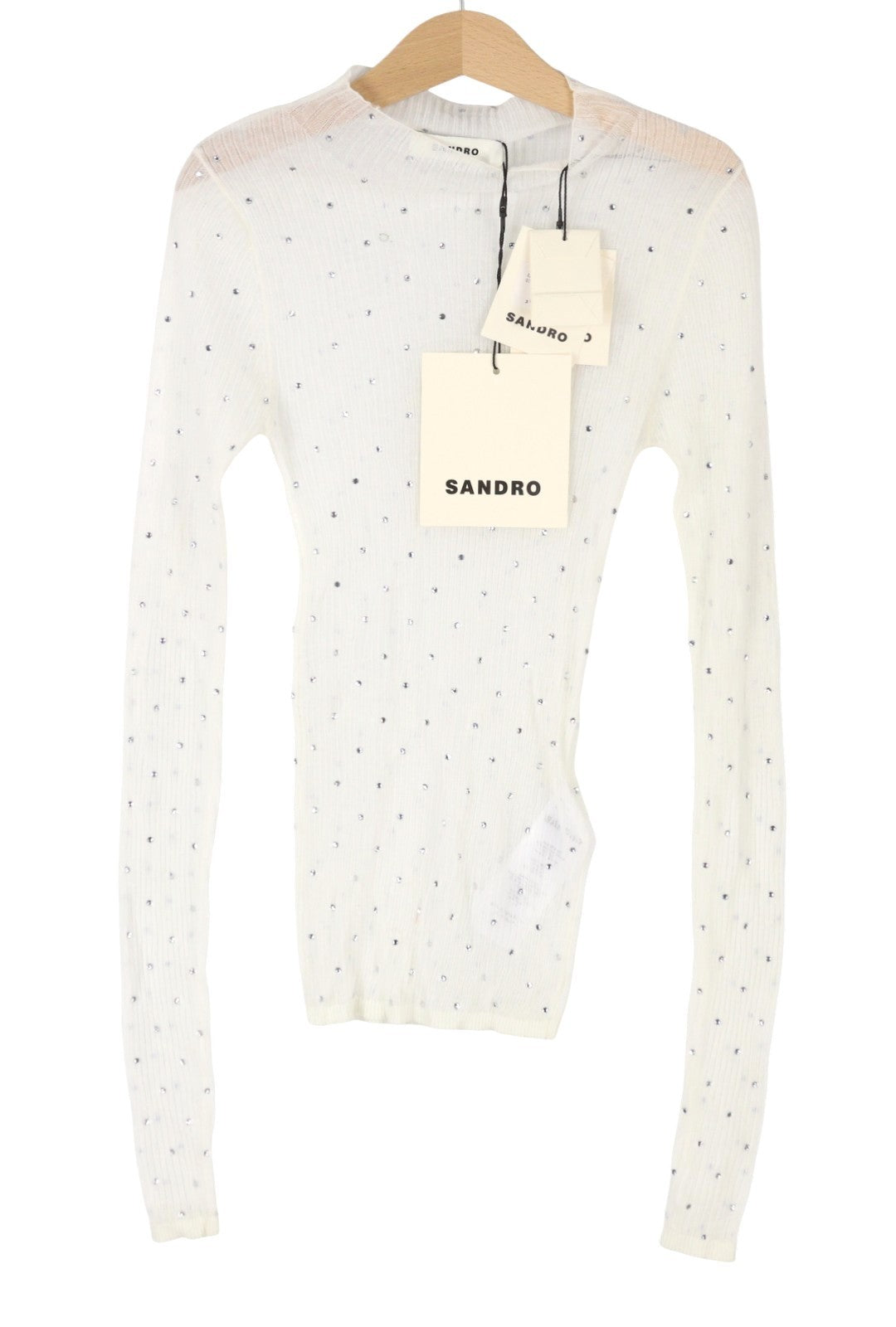 SANDRO Women Blouse 0 XS White Sheer Transparent Rhinestones Long Sleeve