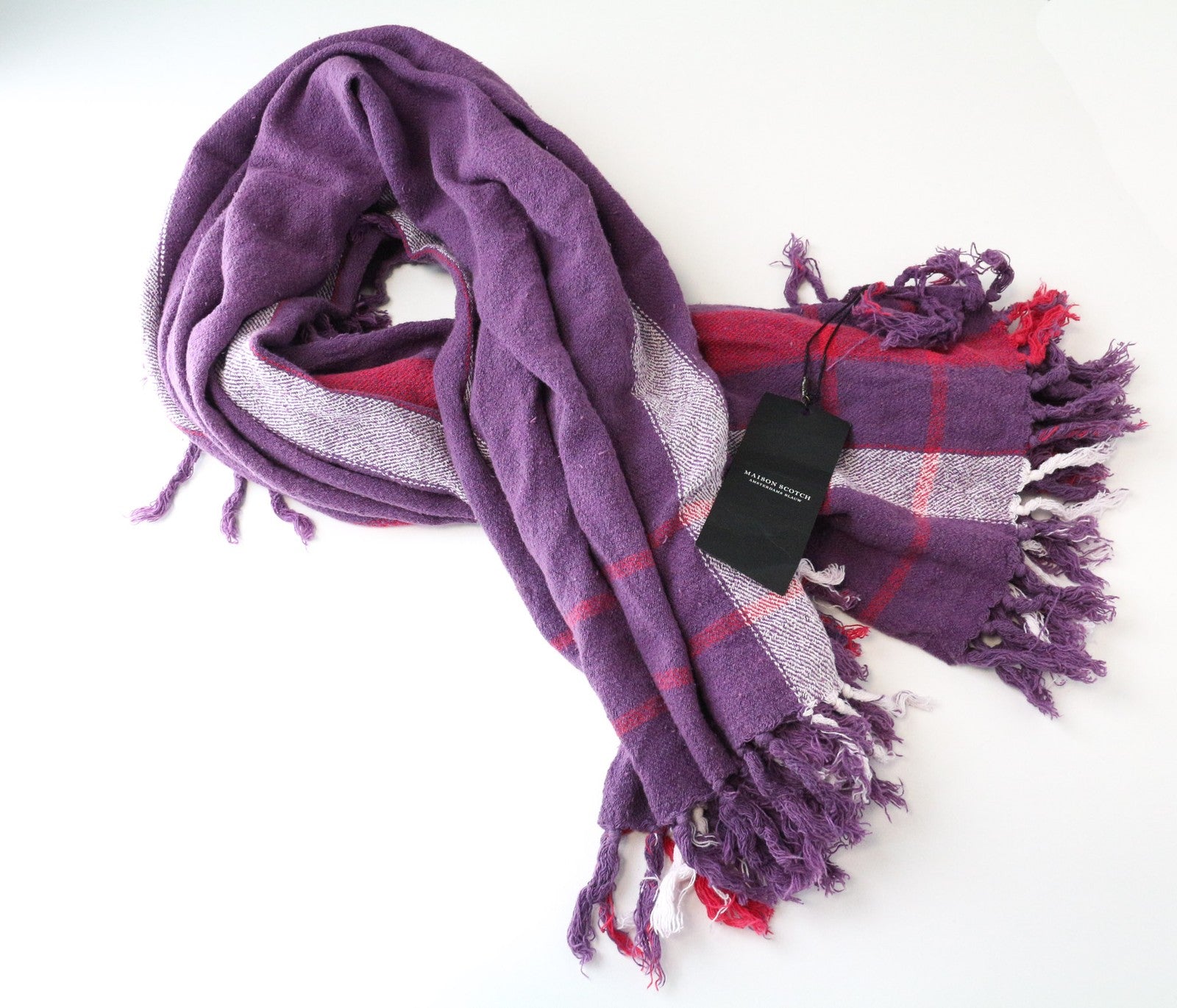MAISON SCOTCH Women's Scarf OS Purple Tartan Twill Woven Square Tassel Wrap