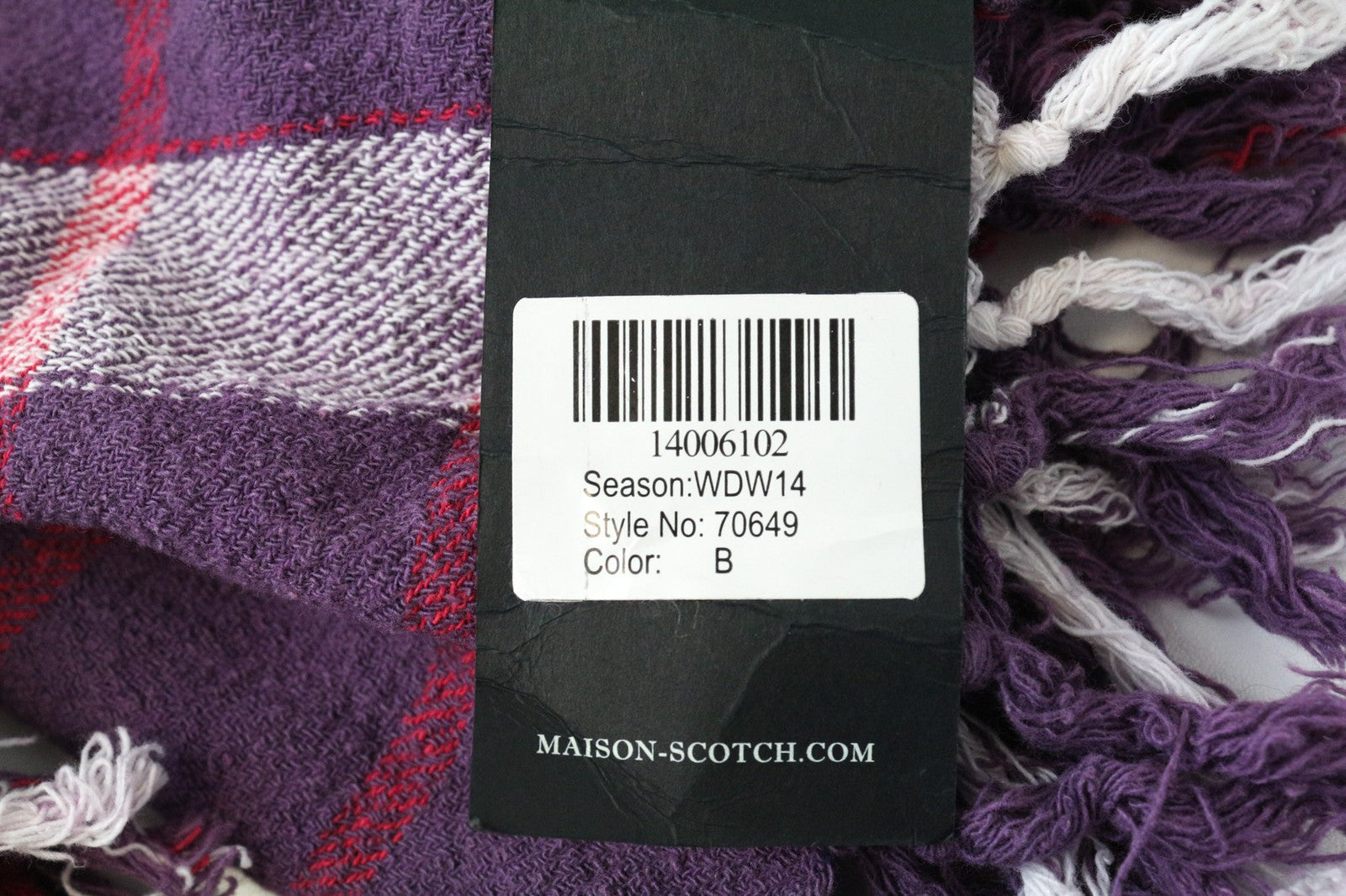 MAISON SCOTCH Women's Scarf OS Purple Tartan Twill Woven Square Tassel Wrap