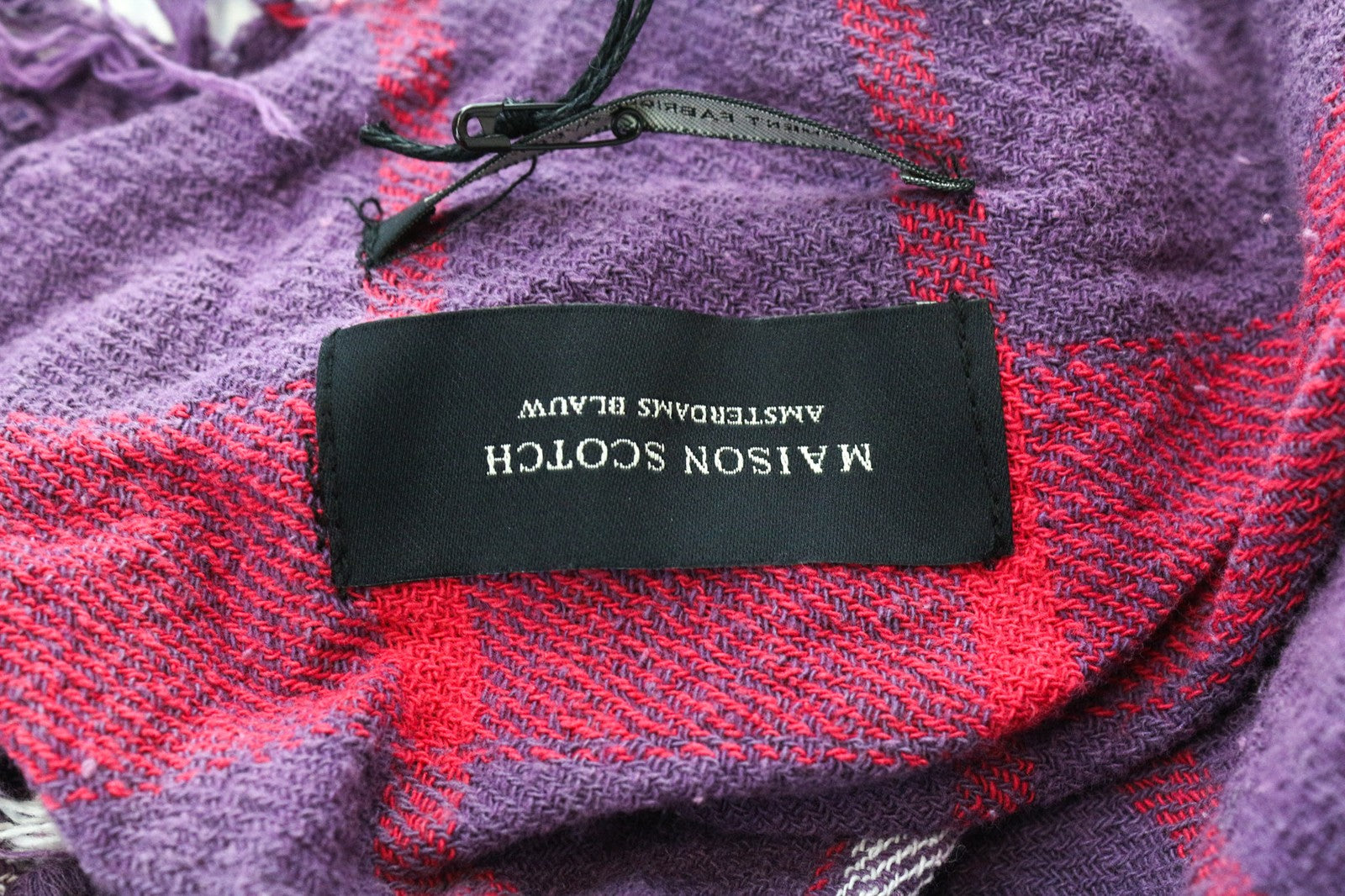 MAISON SCOTCH Women's Scarf OS Purple Tartan Twill Woven Square Tassel Wrap