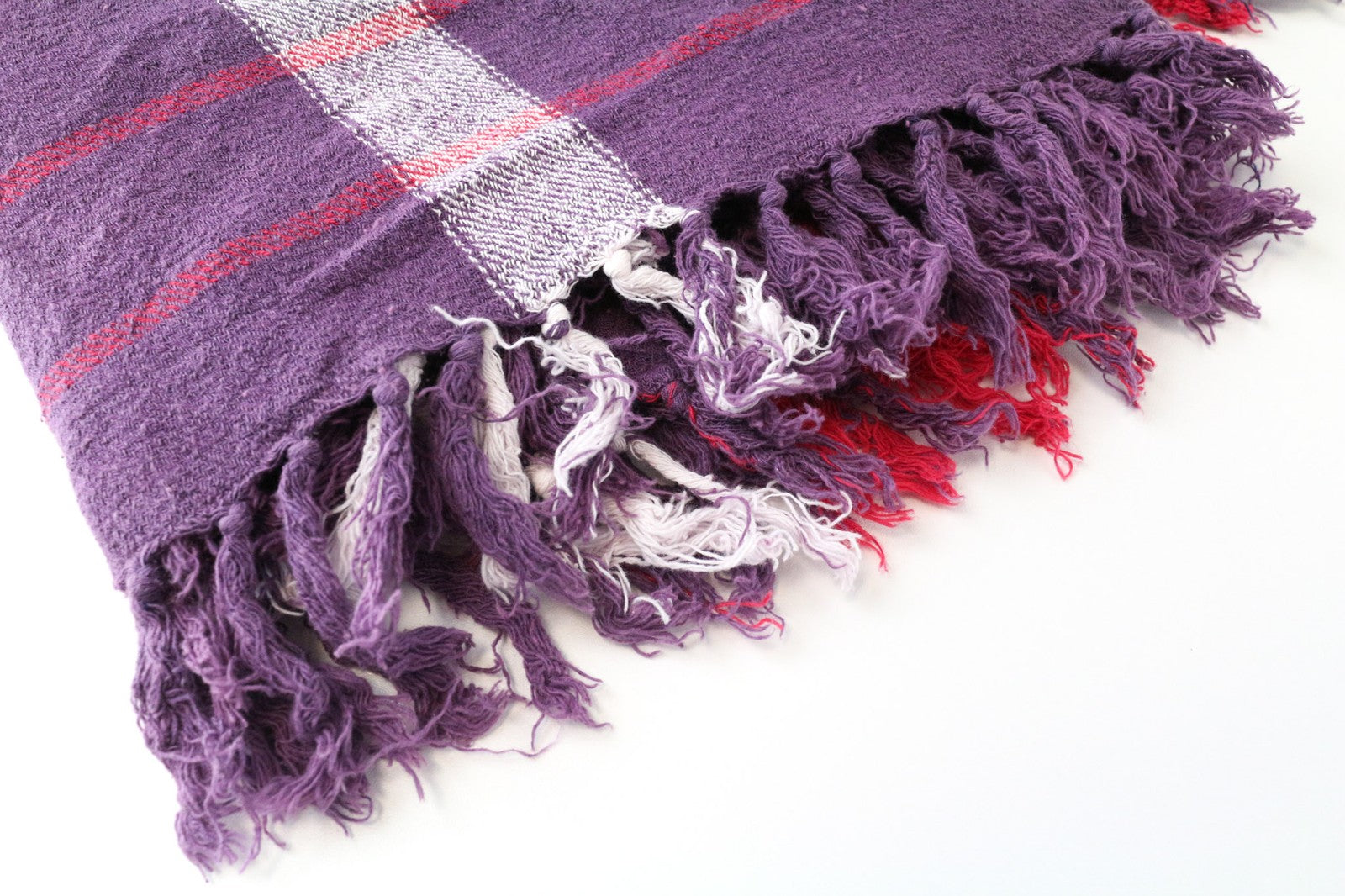 MAISON SCOTCH Women's Scarf OS Purple Tartan Twill Woven Square Tassel Wrap