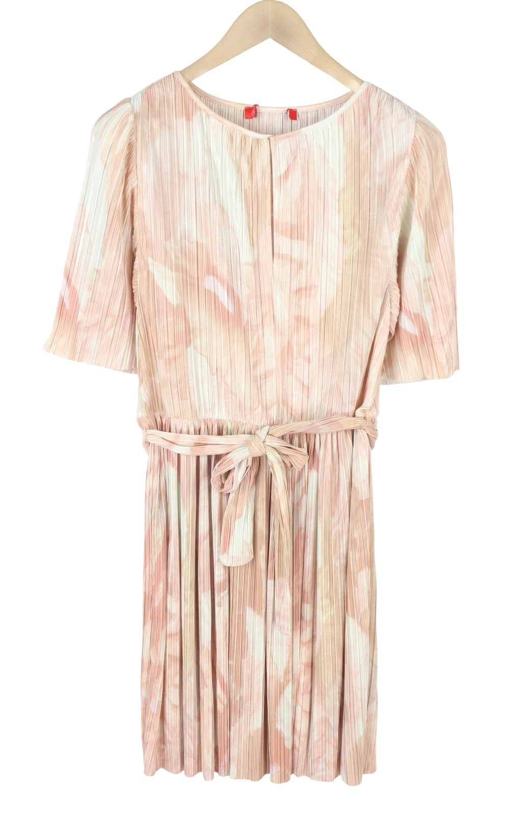 MAX&CO. Women Dress L Light Pink Textured Belted Short Sleeve Knee-Length