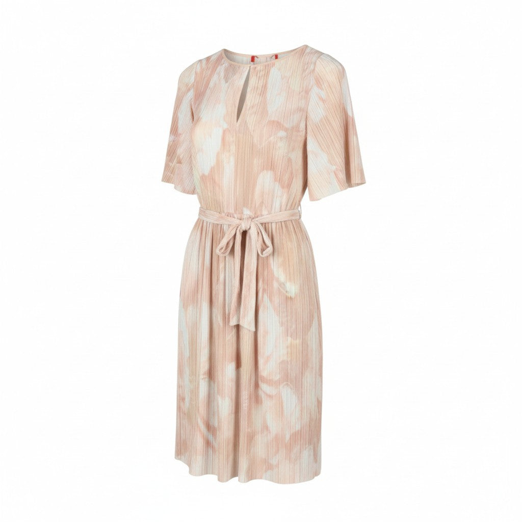 MAX&CO. Women Dress M Light Pink Textured Belted Short Sleeve Knee-Length