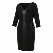 MARINA RINALDI Women Dress EU46 Black Wool Blend V-Neck 3/4 Sleeves Knee-Length