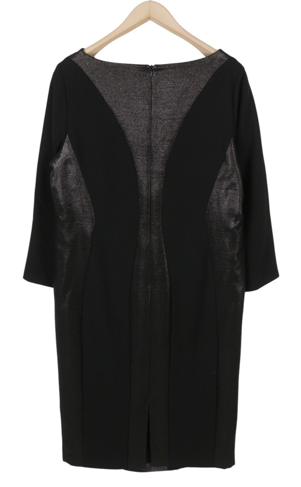 MARINA RINALDI Women Dress EU46 Black Wool Blend V-Neck 3/4 Sleeves Knee-Length