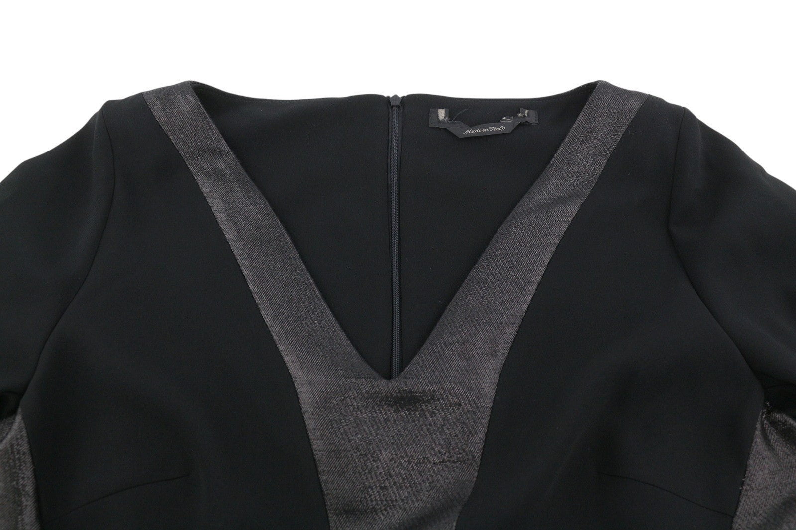 MARINA RINALDI Women Dress EU46 Black Wool Blend V-Neck 3/4 Sleeves Knee-Length