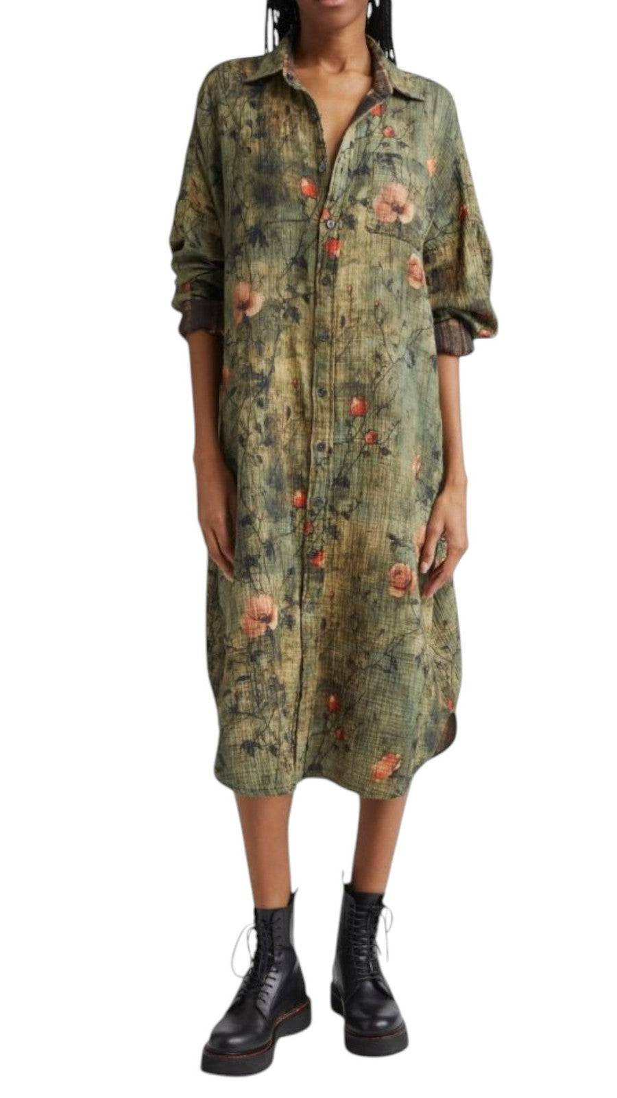 R13 Reversible Jumbo Shirtdress Women Dress M/L Turquoise Floral PF25 RRP899