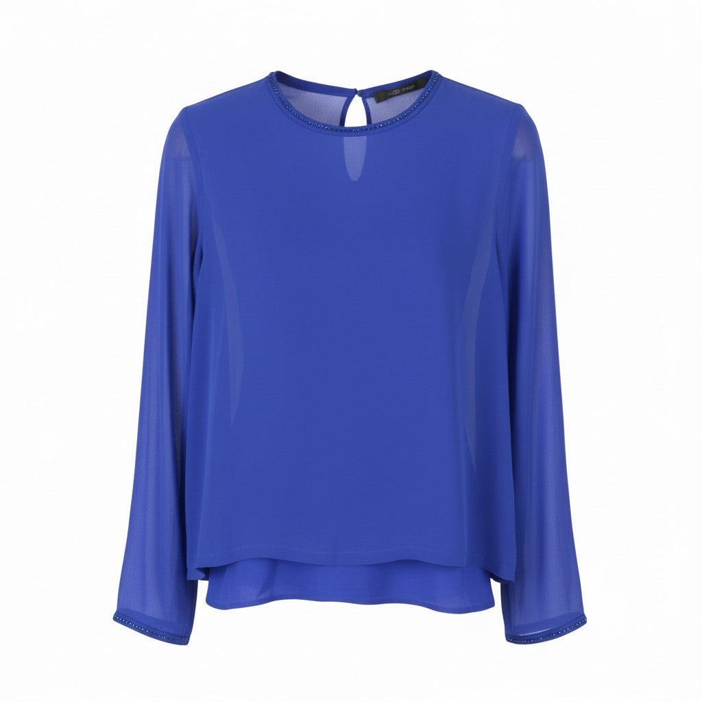 MAX MARA Women Blouse EU36 S Blue 100% Silk Rhinestones Detail Long Sleeve 2in1