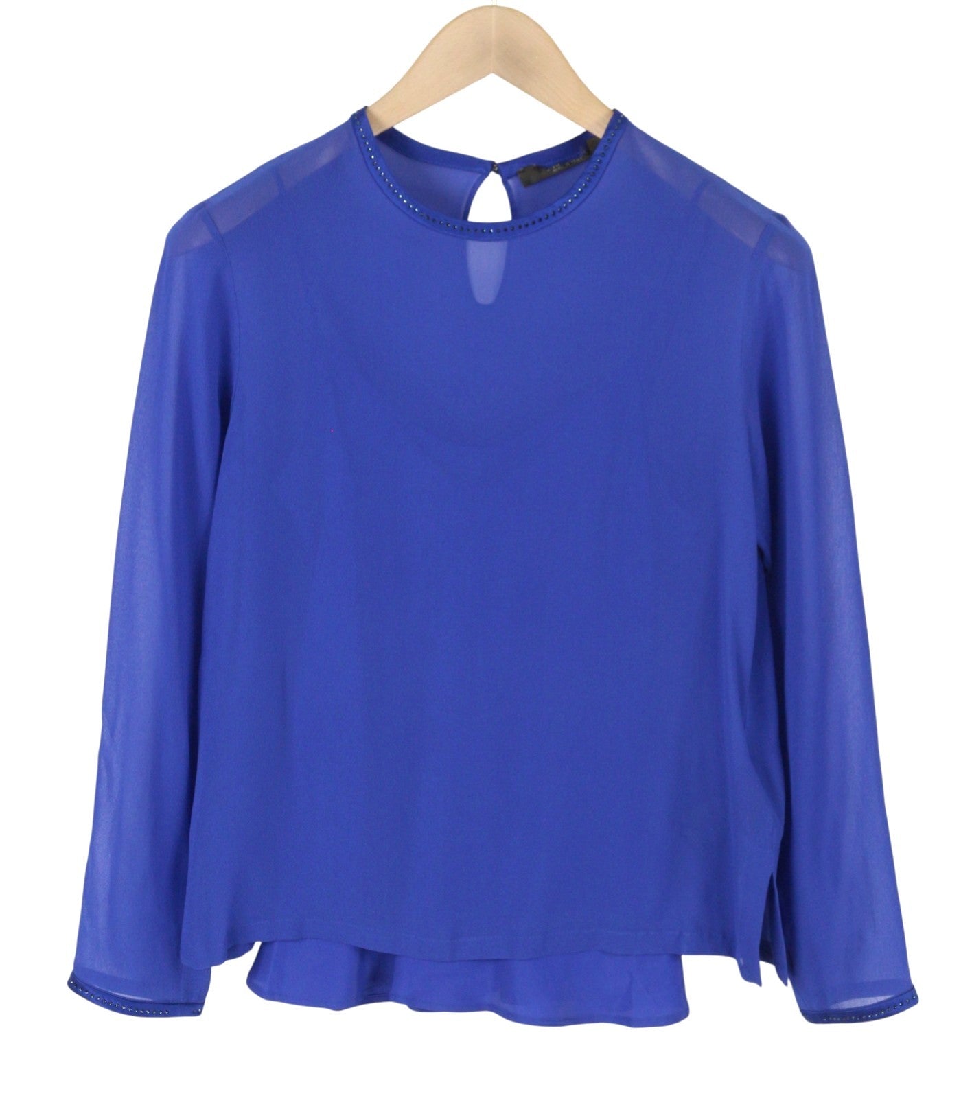 MAX MARA Women Blouse EU36 S Blue 100% Silk Rhinestones Detail Long Sleeve 2in1