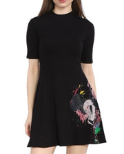 DESIGUAL Disney Mickey Morro Women Dress XL Black Ribbed Knit Mock Neck Mini