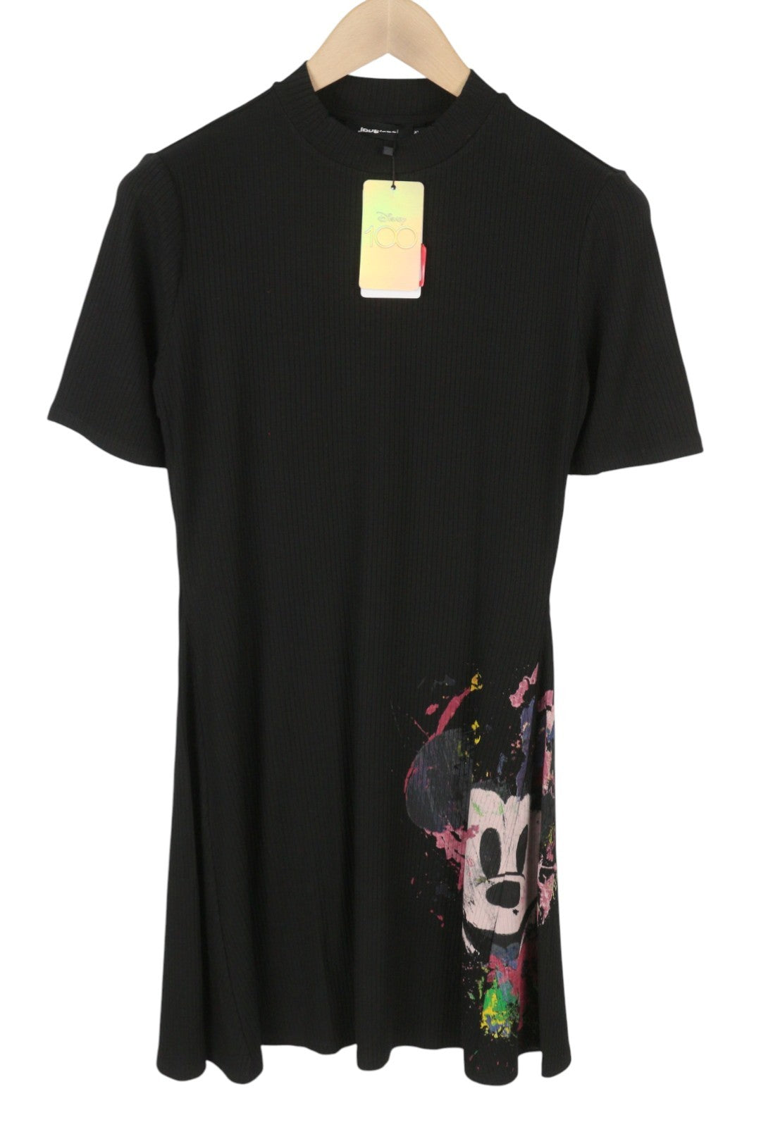 DESIGUAL Disney Mickey Morro Women Dress XL Black Ribbed Knit Mock Neck Mini
