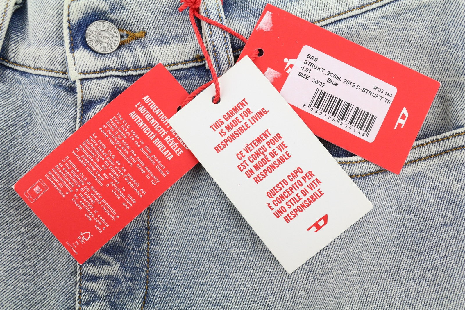 DIESEL 2019 D-Strukt 09C08L Men Jeans W30/L32 Blue Faded Slim Fit Zip Fly RRP350