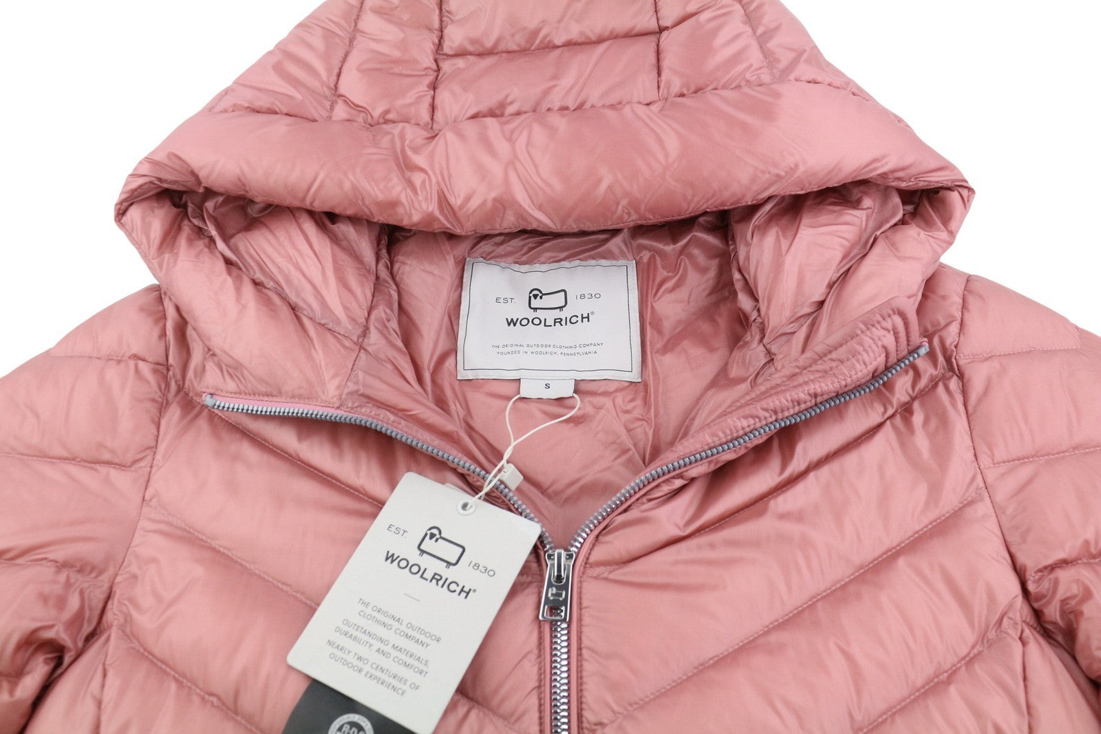 WOOLRICH Chevron Quilted Hooded Women Jacket S Pink Down Puffer RRP550
