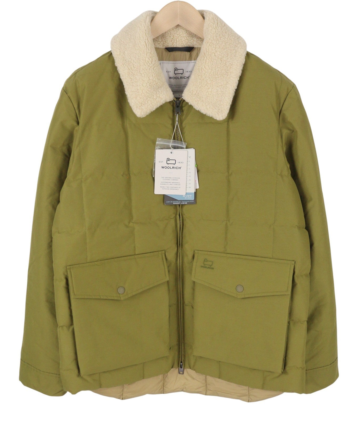 WOOLRICH Duster Blizzard Men Jacket L Green Down Sherpa Quilted RRP595