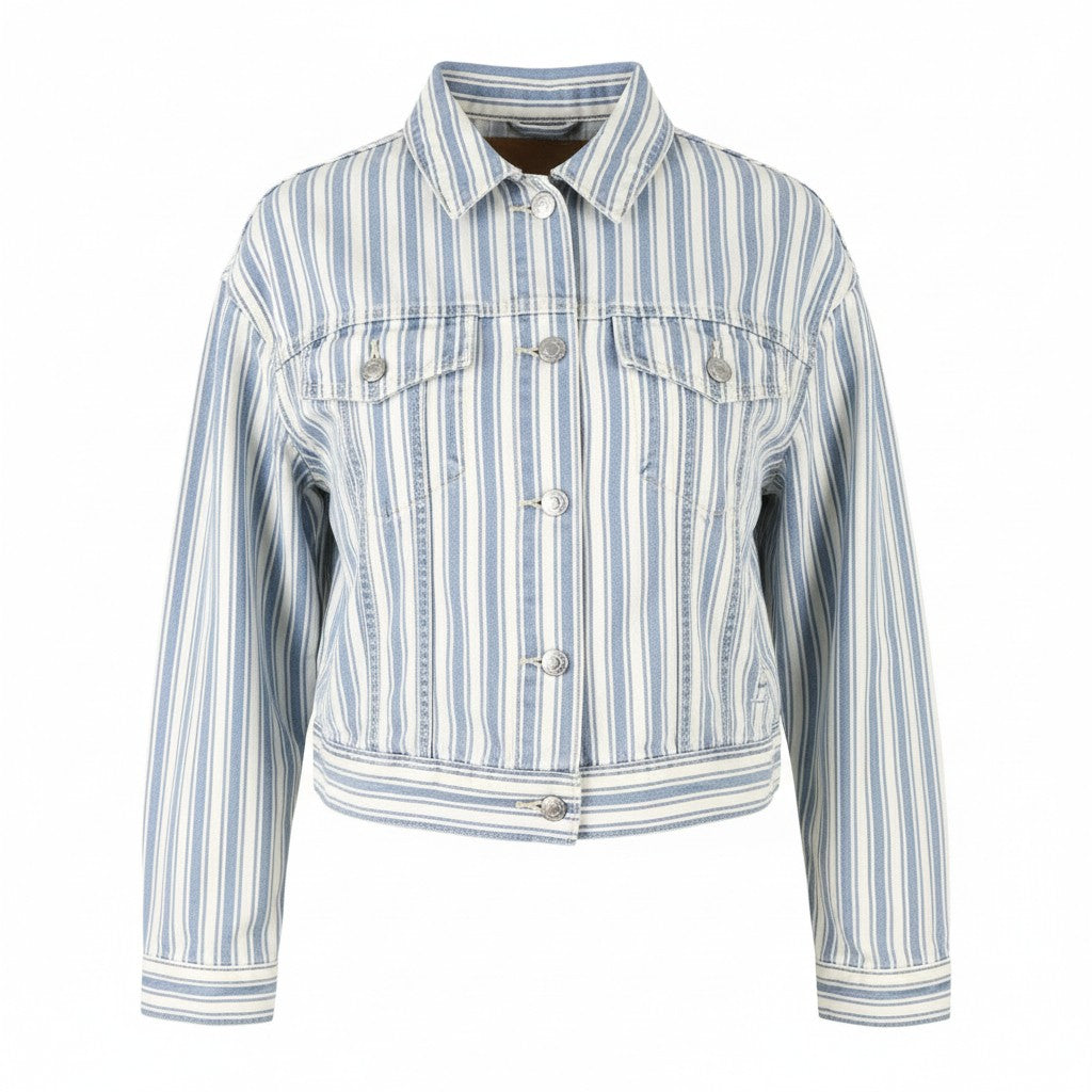 AMERICAN EAGLE OUTFITTERS Women Jacket 2XS Blue Striped Button-Up Cropped Denim