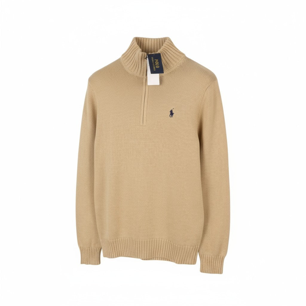 RALPH LAUREN Classic Men Jumper 2XL Brown Melange Zip Neck Knit Pull On RRP239