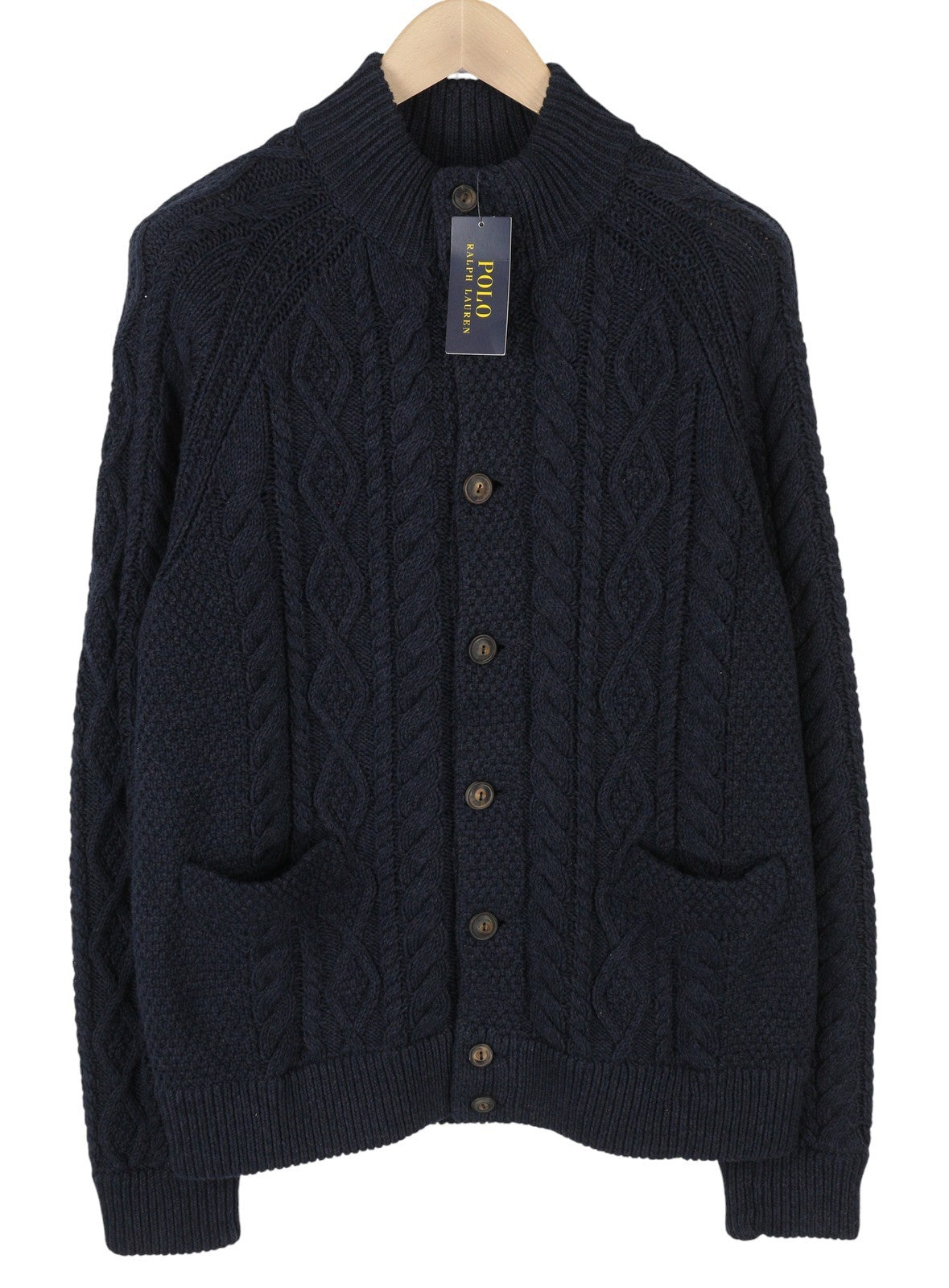 RALPH LAUREN Men Jumper L Dark Blue Cable Knit Button Cardigan Pockets RRP329