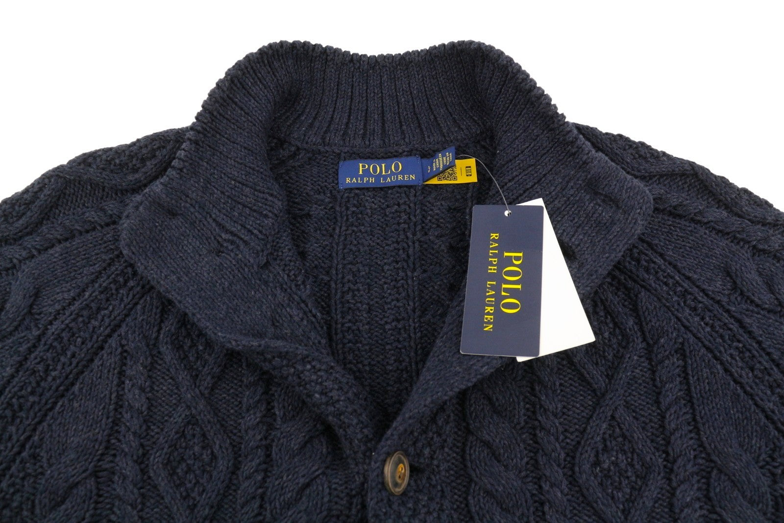RALPH LAUREN Men Jumper L Dark Blue Cable Knit Button Cardigan Pockets RRP329