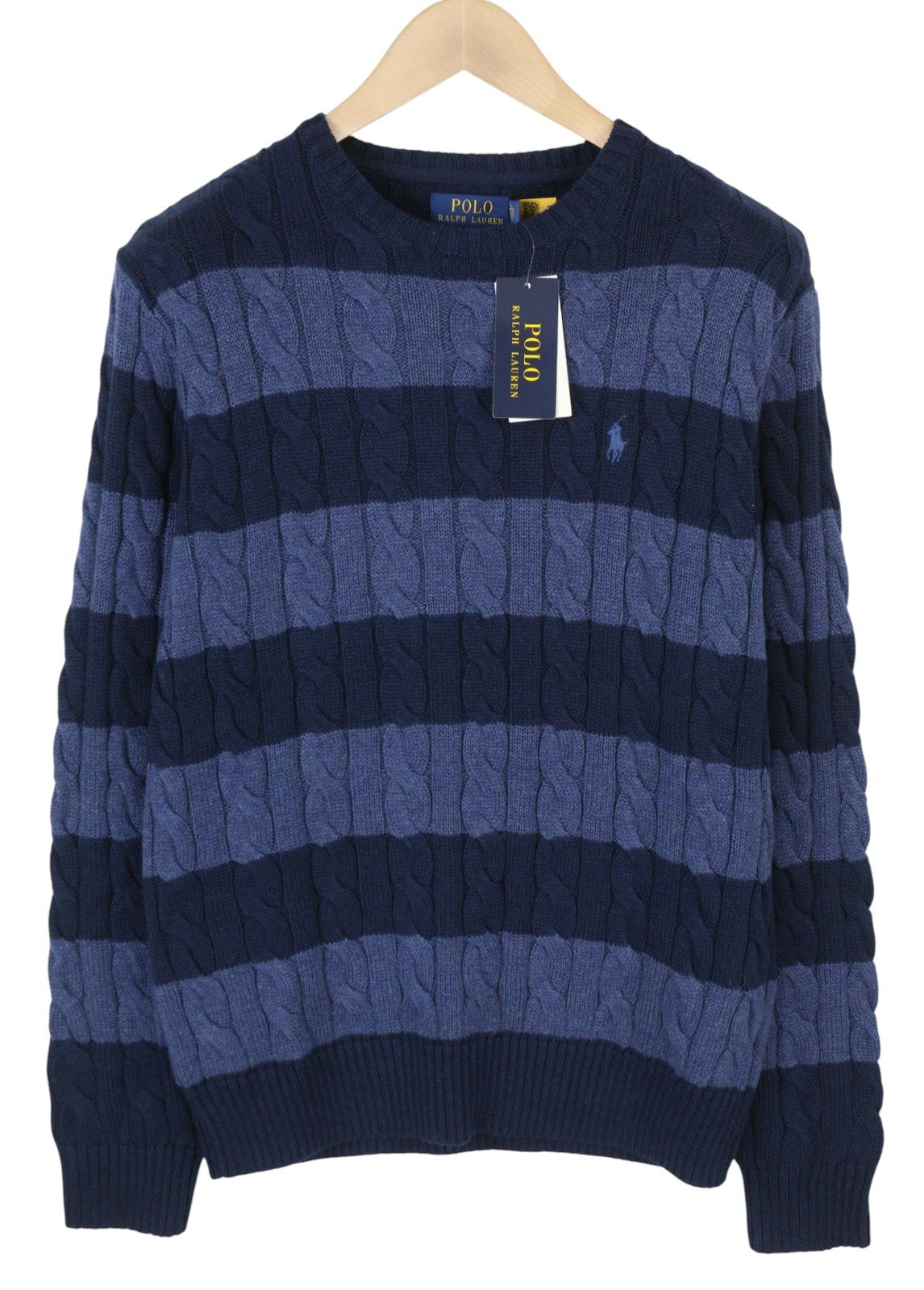 RALPH LAUREN Classics Blue Men Jumper M Striped Cable Knit Wool Pull On RRP258