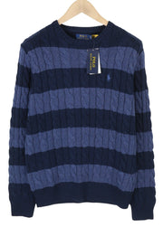 RALPH LAUREN Classics Blue Men Jumper M Striped Cable Knit Wool Pull On RRP258