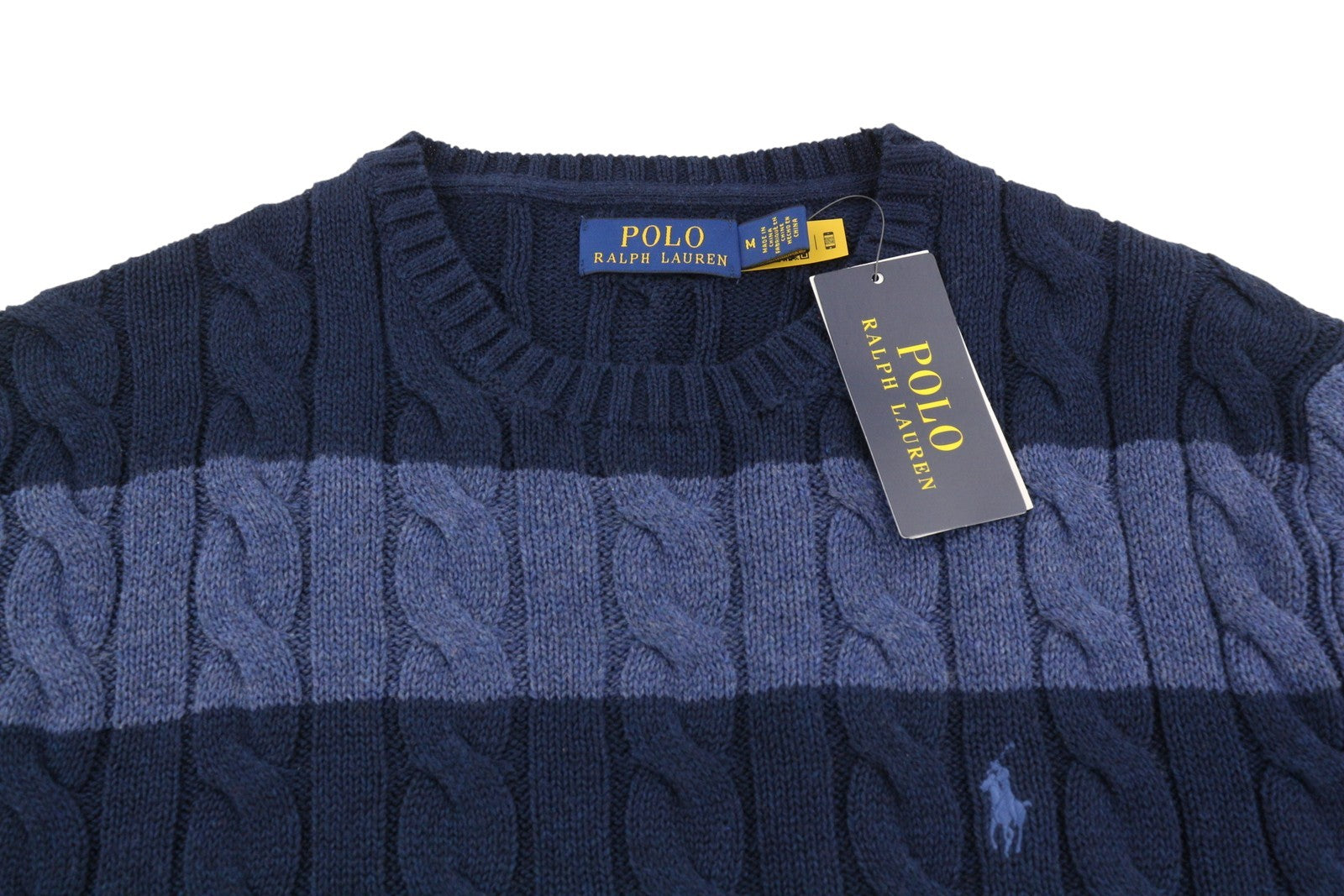 RALPH LAUREN Classics Blue Men Jumper M Striped Cable Knit Wool Pull On RRP258