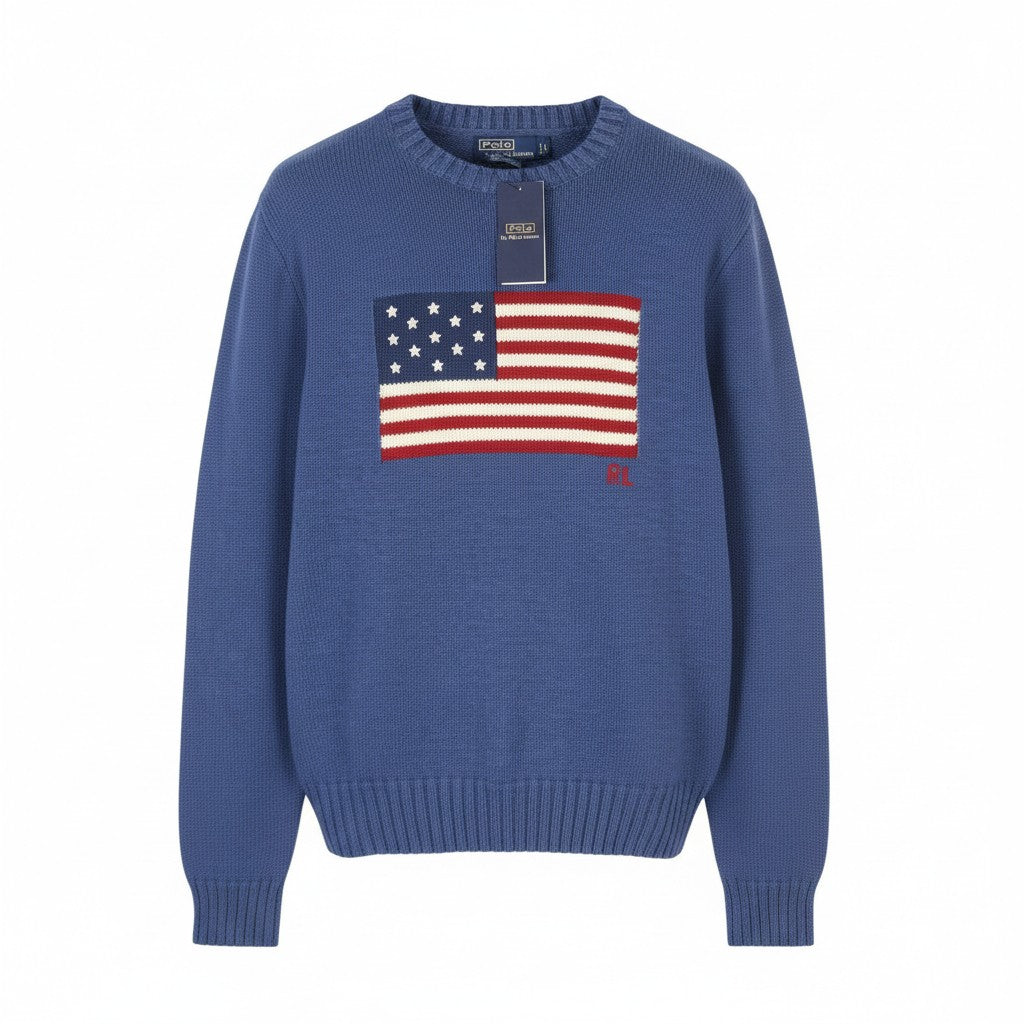 RALPH LAUREN Classics Blue Men Jumper L Cotton USA Flag Knit Pull On RRP499