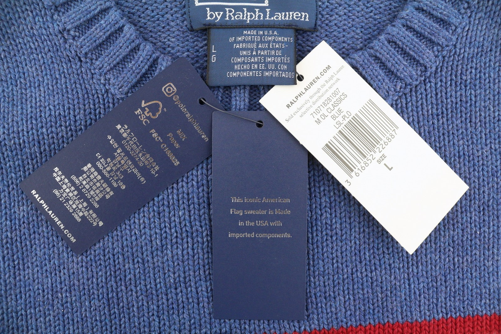 RALPH LAUREN Classics Blue Men Jumper L Cotton USA Flag Knit Pull On RRP499