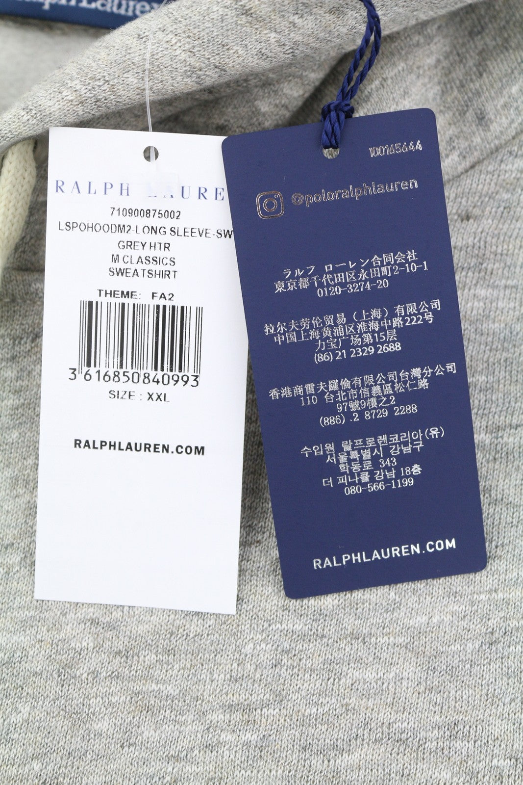 RALPH LAUREN Men Hoodie 2XL Grey Melange Logo Pocket Hooded Pull On RRP299