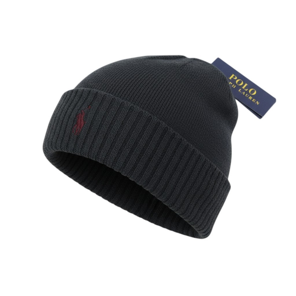 RALPH LAUREN Men Hat 47 CM Dark Grey Melange Washable Merino Knit Beanie