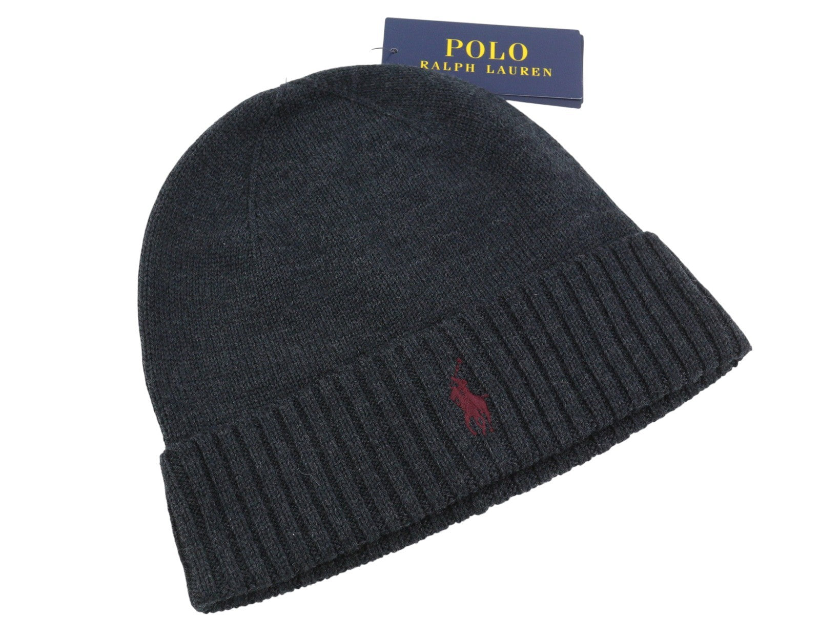 RALPH LAUREN Men Hat 47 CM Dark Grey Melange Washable Merino Knit Beanie