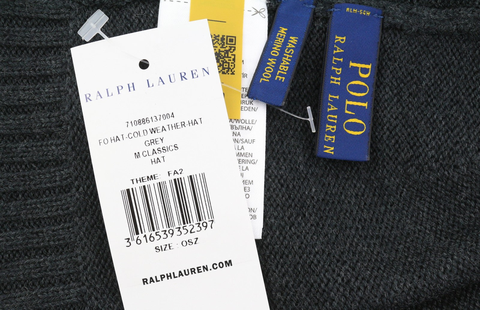 RALPH LAUREN Men Hat 47 CM Dark Grey Melange Washable Merino Knit Beanie