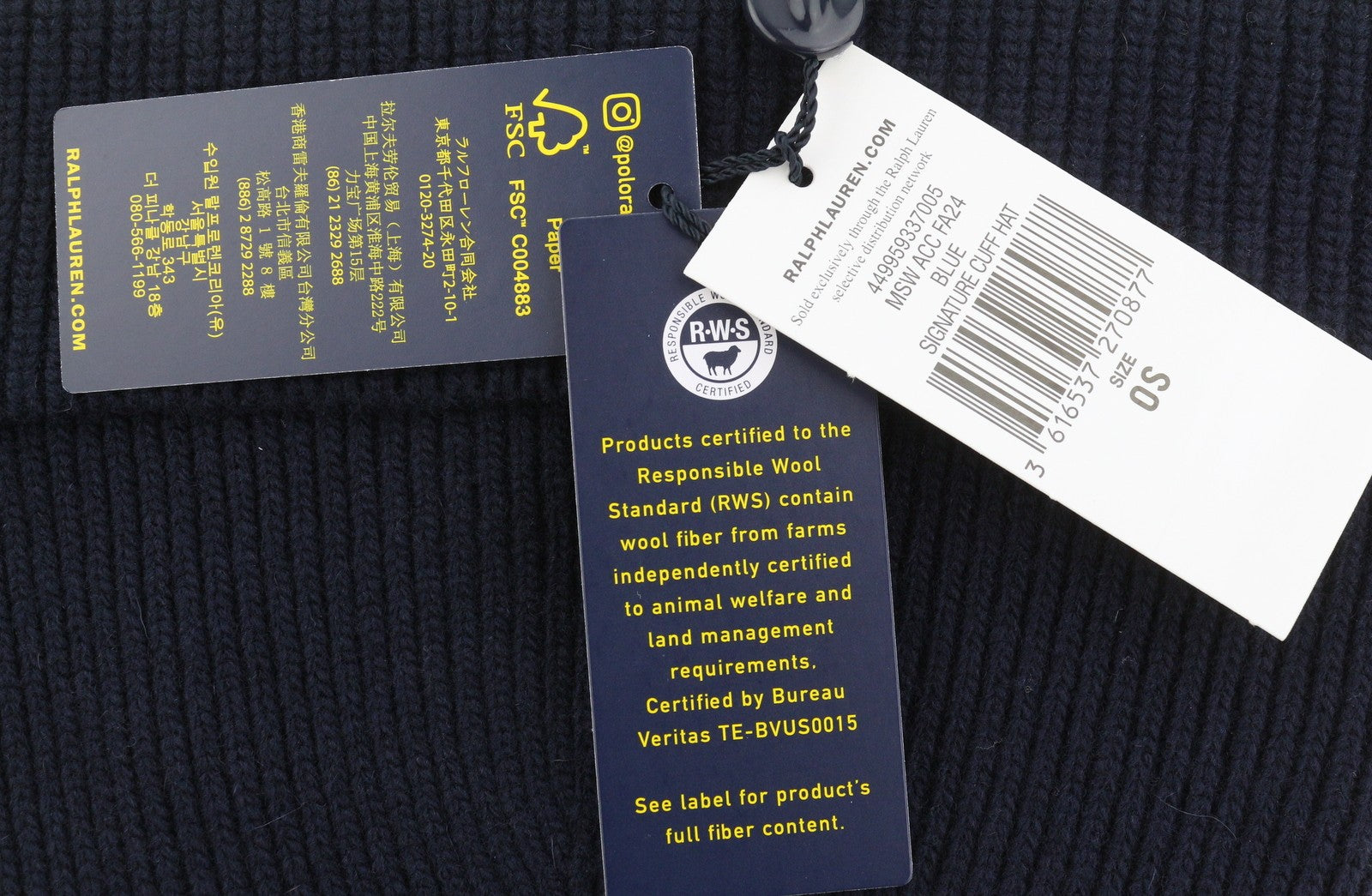 RALPH LAUREN Signature Cuff Men Hat 52 CM Dark Blue Wool Blend Knit Beanie