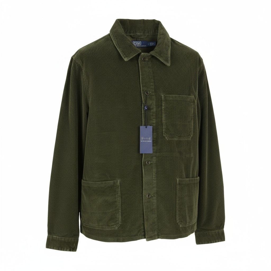 RALPH LAUREN Men Shirt M Green Corduroy Button-Up Logo Patch Pocket Overshirt